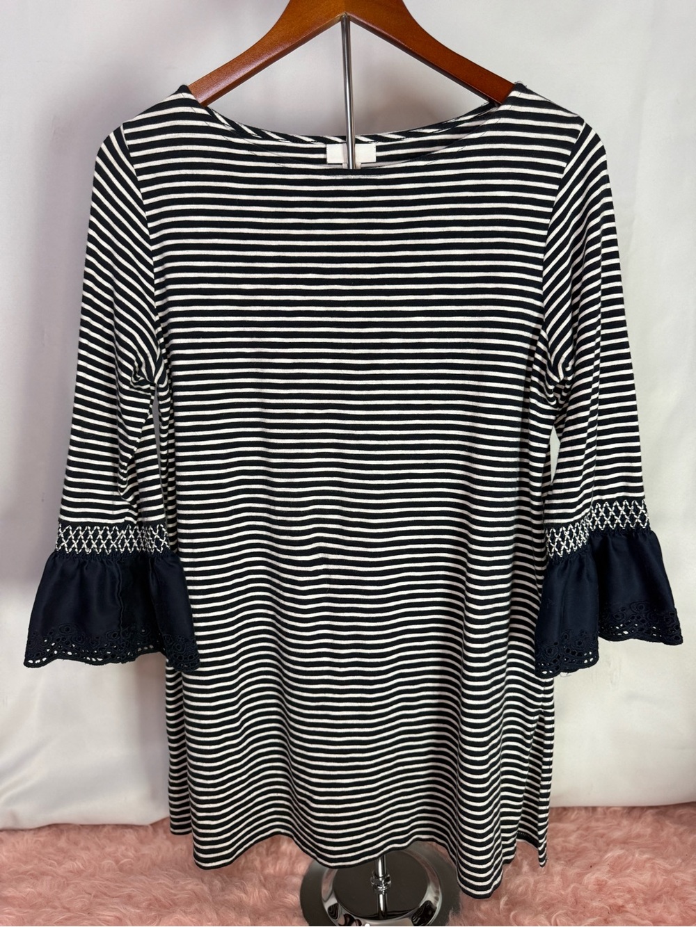 J. Jill - Black and White Striped Boatneck Top Lace 3/4 Bell Sleeves - Size MP